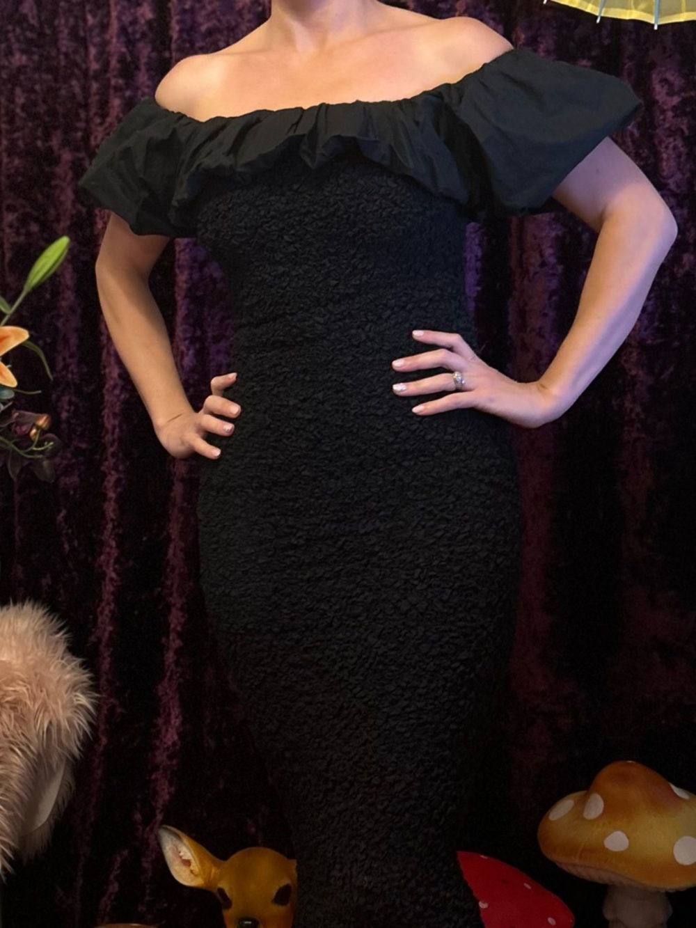 SAYLOR Off-the-Shoulder Black Ruffle Midi Dress